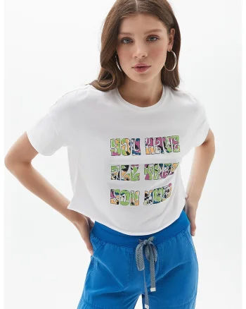 Tricou crop lejer cu imprimeu, Alb