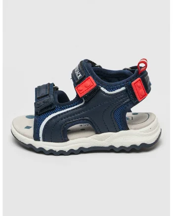 Sandale cu logo si velcro, Alb murdar/Bleumarin