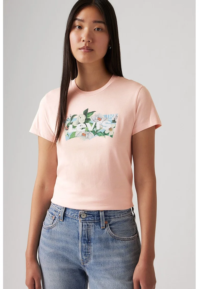 Tricou de bumbac cu decolteu la baza gatului, Piersica