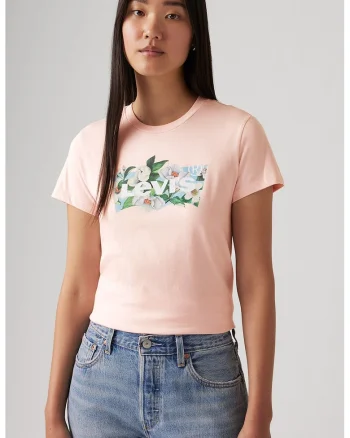 Tricou de bumbac cu decolteu la baza gatului, Piersica