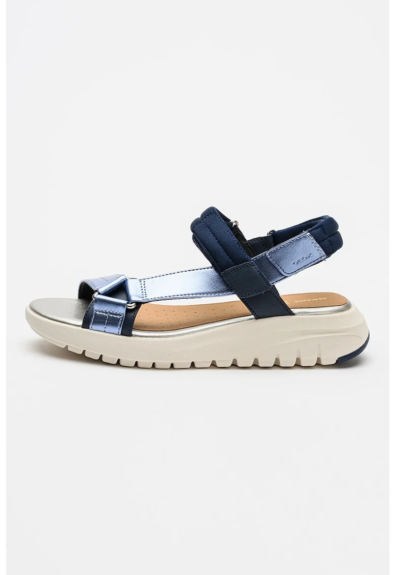 Sandale din piele ecologica si material textil cu velcro, Albastru