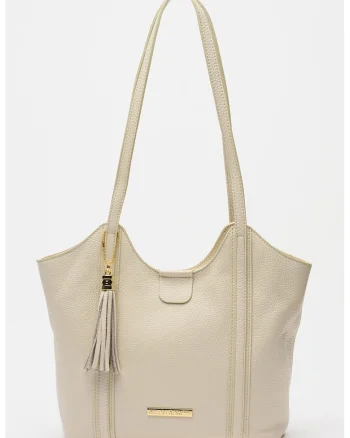 Geanta shopper din piele granulata cu accesoriu, Bej deschis