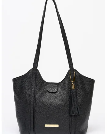 Geanta shopper din piele granulata cu accesoriu, Negru