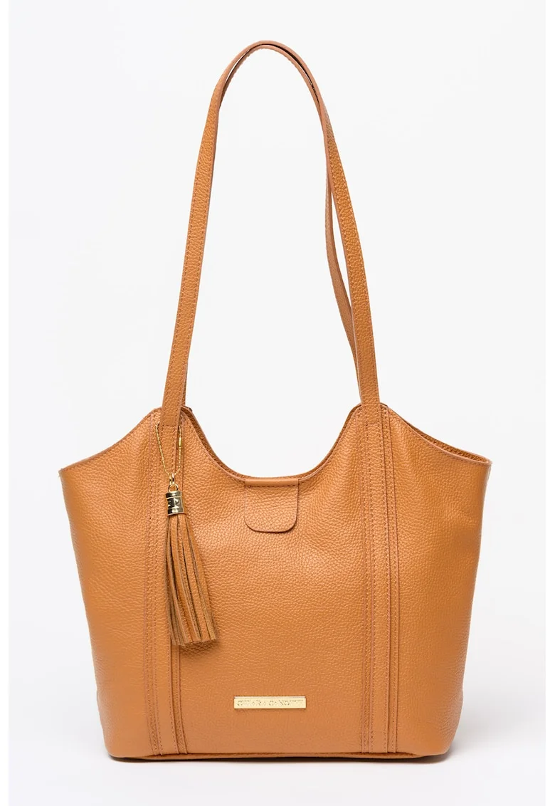 Geanta shopper din piele granulata cu accesoriu, Caramel