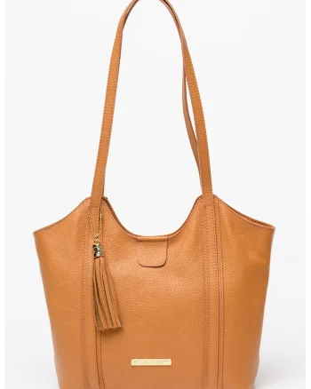 Geanta shopper din piele granulata cu accesoriu, Caramel