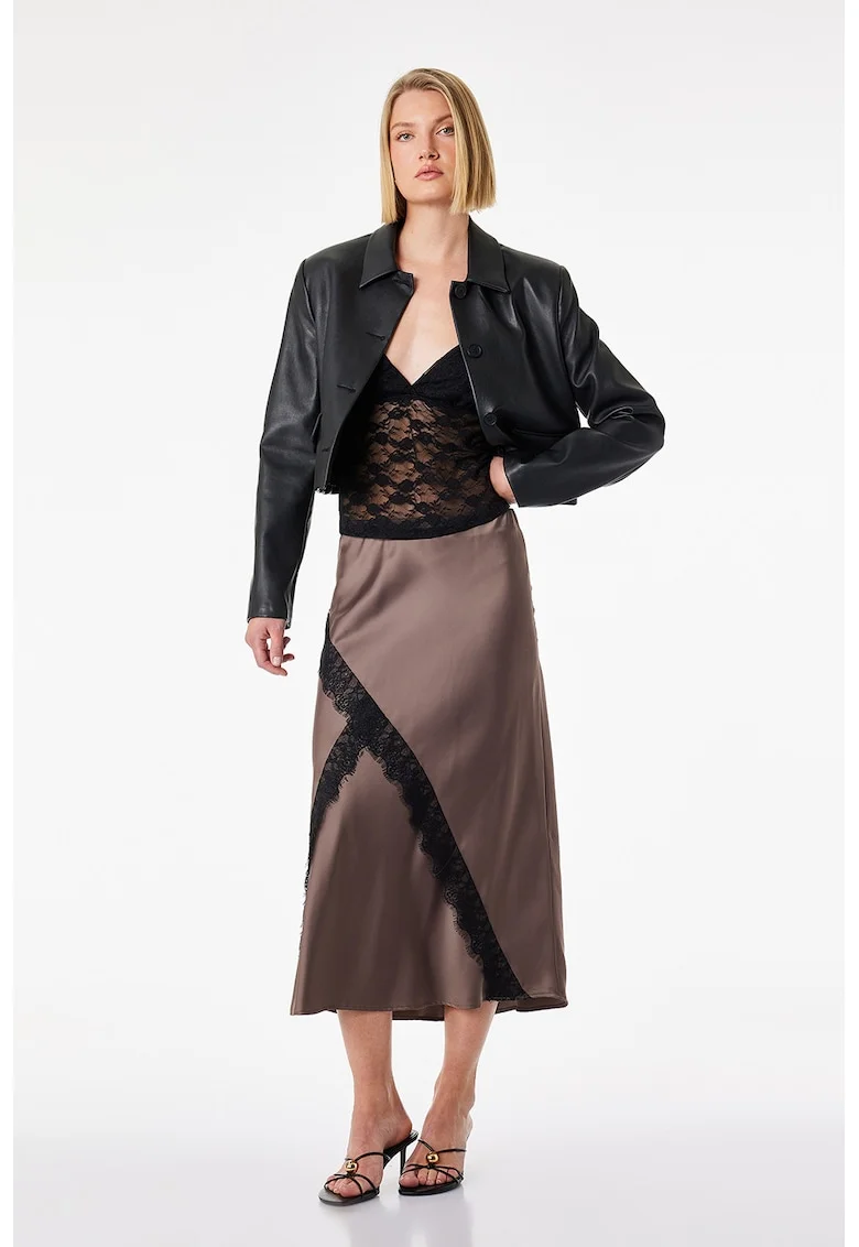 Fusta midi cu garnituri de dantela si aspect petrecut, Maro taupe