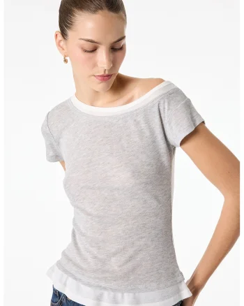 Tricou slim fit cu decolteu pe un umar, Gri deschis melange