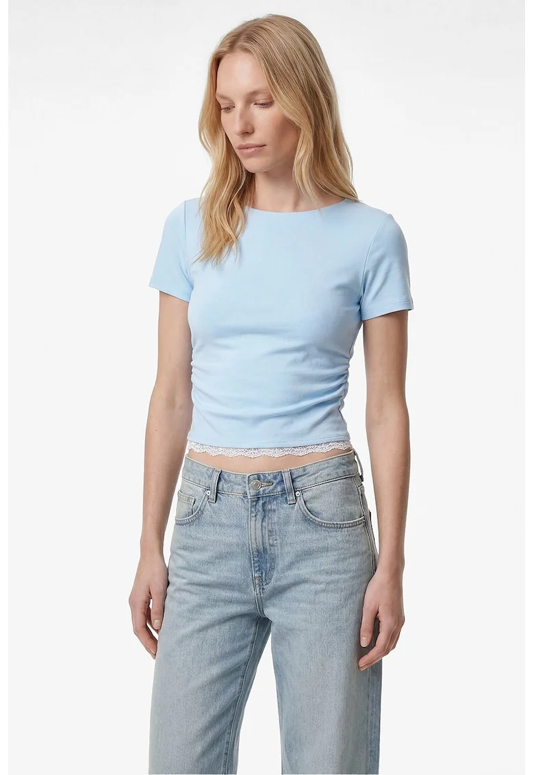 Tricou cu decolteu la baza gatului si pliseuri, Albastru glaciar