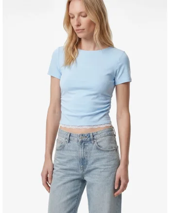 Tricou cu decolteu la baza gatului si pliseuri, Albastru glaciar