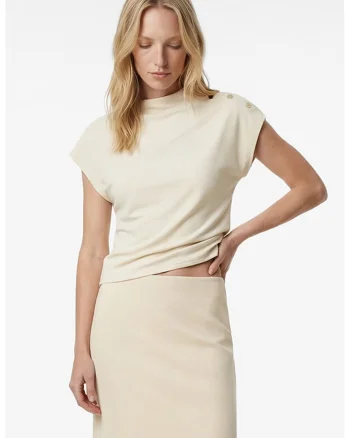 Tricou din amestec de modal cu umeri pe decolteu, Bej deschis