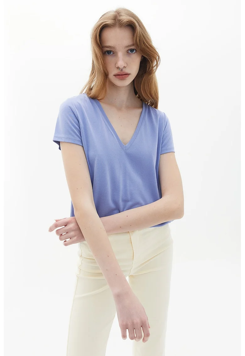 Tricou lejer din amestec de modal cu decolteu in V, Albastru prafuit