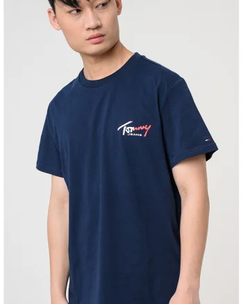 Tricou cu decolteu la baza gatului si imprimeu logo, Alb/Bleumarin