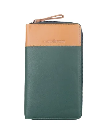 Portofel piele naturala maro deschis 19.5 x 11 x 2, Duett,  Maro deschis, Verde/Bej, 19.5 x 11 x 2 cm