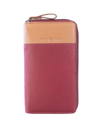 Portofel piele naturala maro deschis 19.5 x 11 x 2, Duett,  Maro deschis, Rosu/Bej, 19.5 x 11 x 2 cm