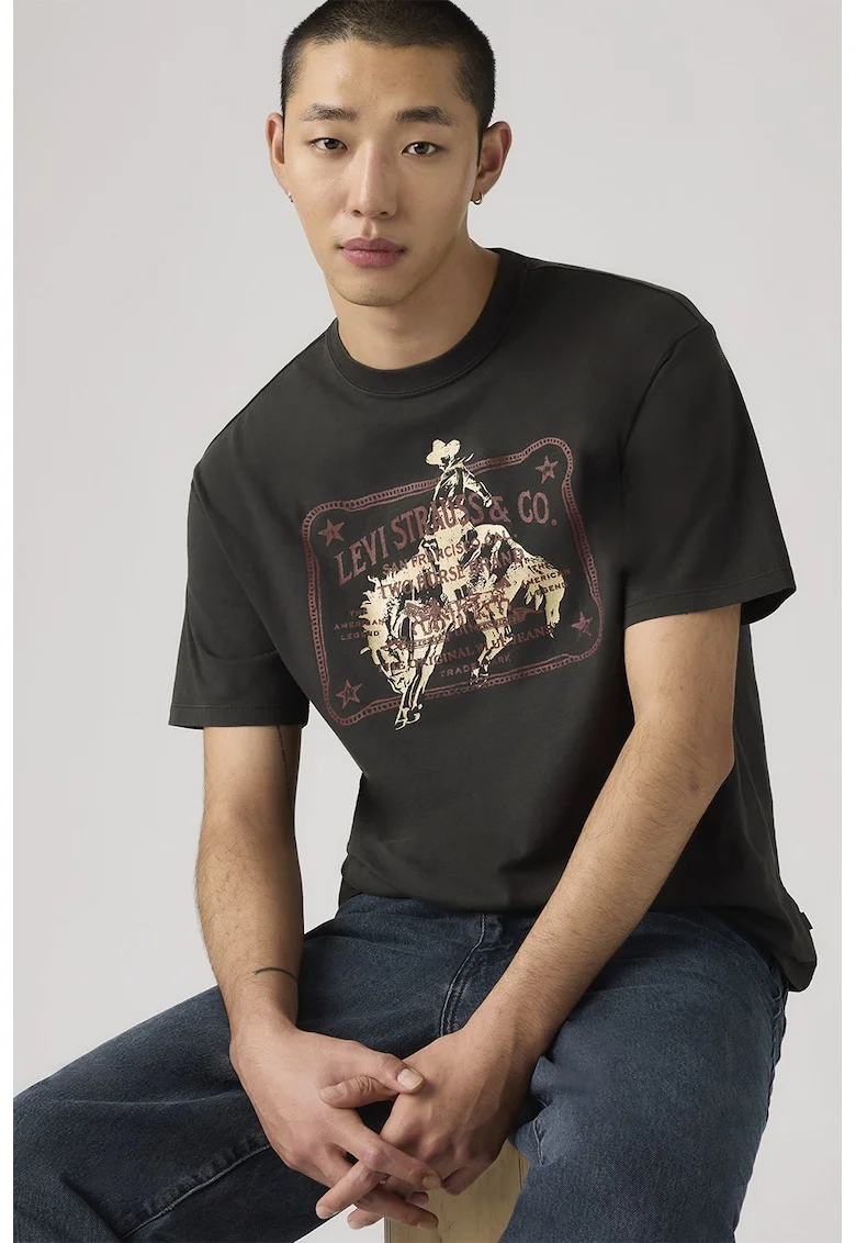 Tricou de bumbac cu imprimeu logo contrastant Vintage, Maro/Bej/Negru stins