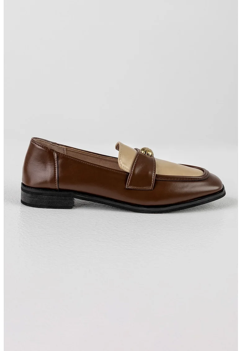 Pantofi loafer de piele ecologica cu detaliu metalic, Auriu/Maro inchis