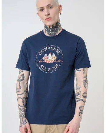 Tricou cu imprimeu grafic si decolteu la baza gatului, Rosu/Bleumarin