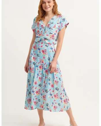 Fusta midi cu model floral si talie inalta, Albastru deschis