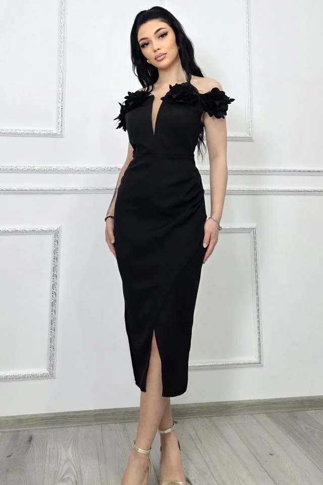 Rochie midi bodycon, SEVRIA, tip off-shoulder si detalii florale, NEGRU