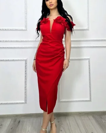Rochie midi bodycon, SEVRIA, tip off-shoulder si detalii florale, Rosu