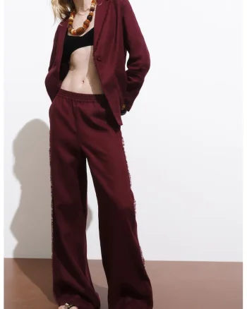 Pantaloni evazati din in cu talie elastica, Visiniu