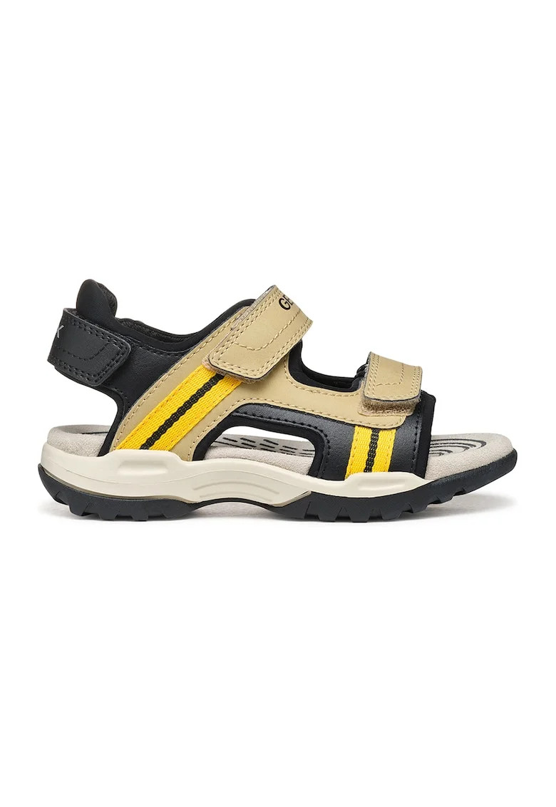 Sandale de piele ecologica cu banda velcro, Negru/Bej