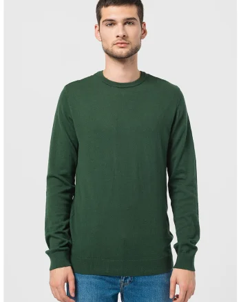 Pulover din amestec de lana cu decolteu la baza gatului, Verde englez