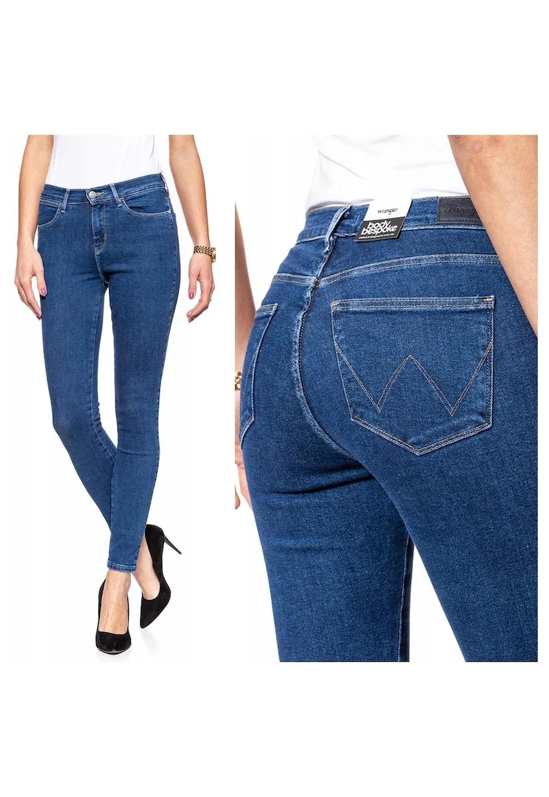Blugi Dama,  Skinny Cu Talie Inalta, W24-L32 US, Bumbac, Zipper, Lung, 5 Buzunare 2 Mari 2 Medii Externe 1 Mic Intern, Talie Inalta, Albastru