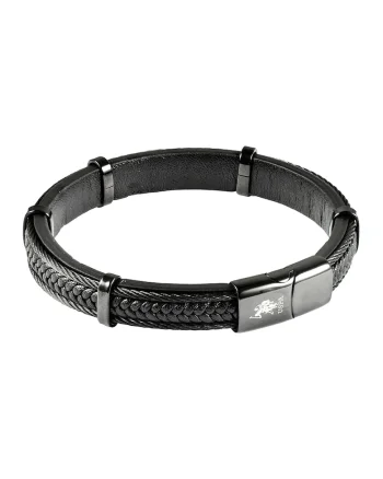 Bratara din piele cu placuta logo, Negru/Argintiu