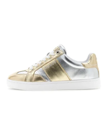 Pantofi sport din piele ecologica cu logo metalic, Alb/Auriu