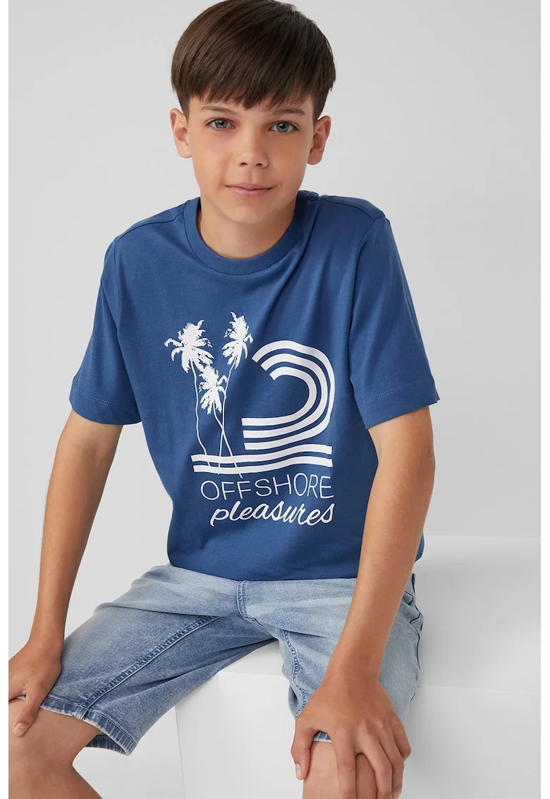Tricou de bumbac cu design grafic, Albastru inchis/Alb murdar