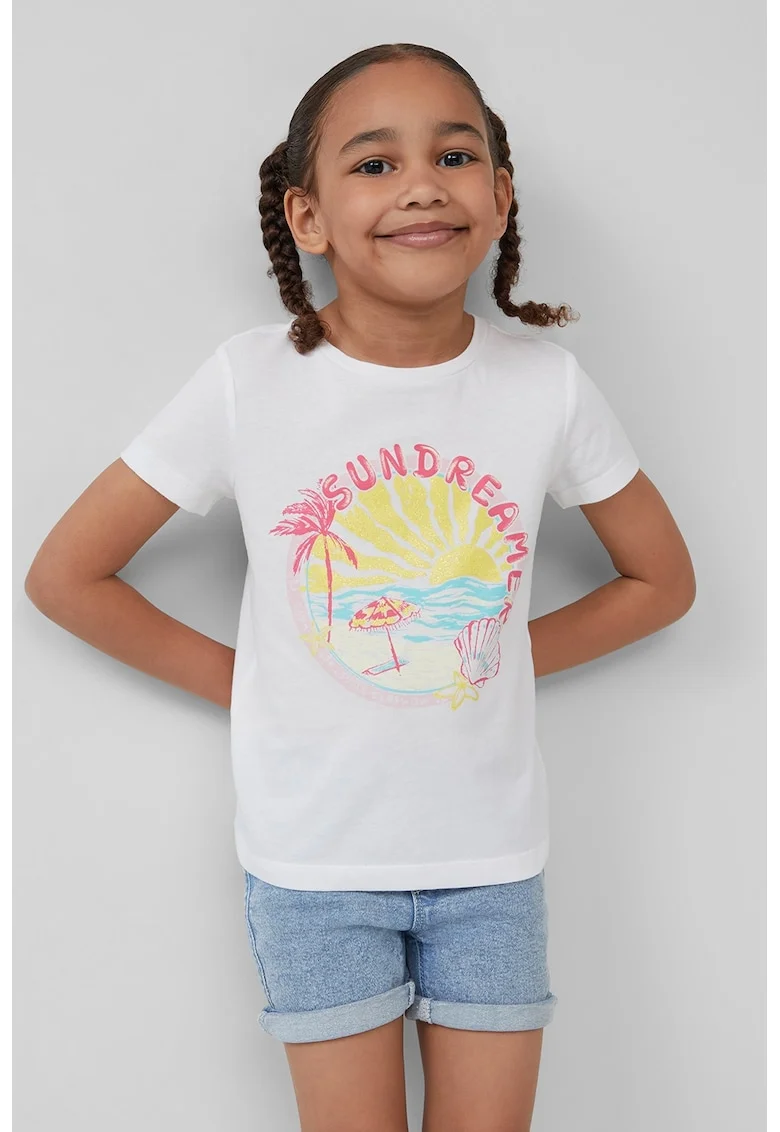 Tricou cu decolteu la baza gatului, model grafic si imprimeu text, Roz pastel/Galben pal/Alb optic