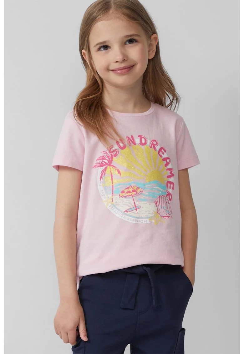 Tricou cu decolteu la baza gatului, model grafic si imprimeu text, Roz pastel/Galben pal/Albastru glaciar