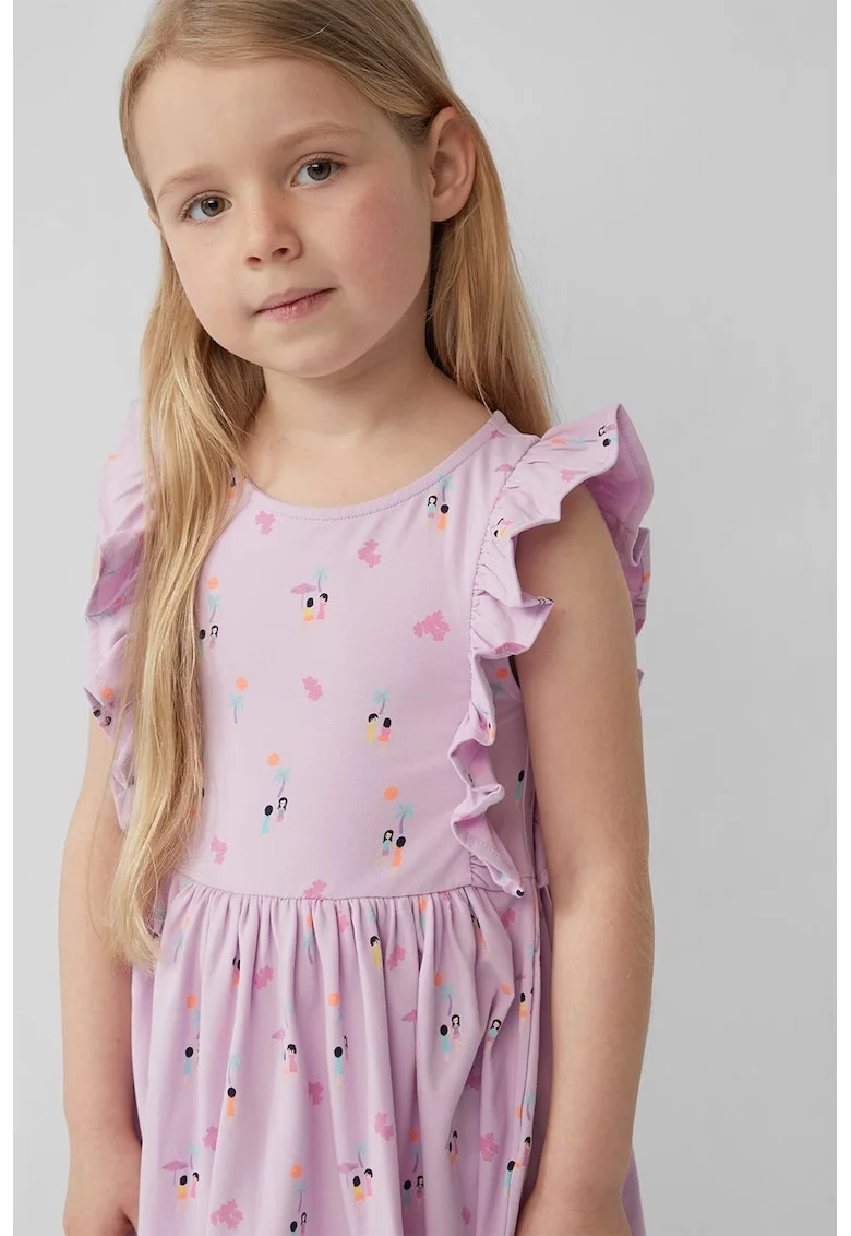 Rochie evazata cu model grafic, Negru/Portocaliu pal/Lila