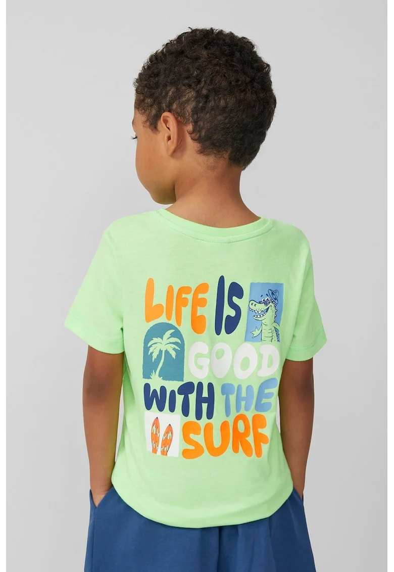 Tricou cu decolteu la baza gatului si imprimeu pe partea din spate, Albastru pastel/Portocaliu stins/Verde pal