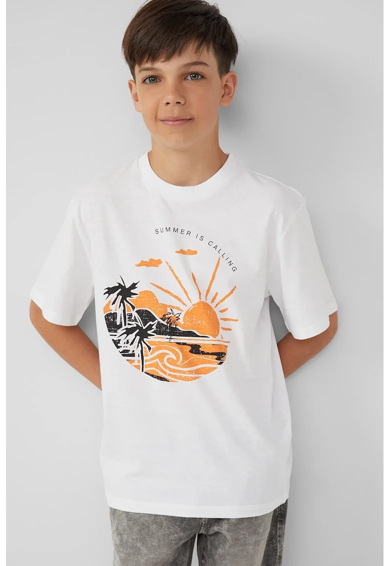 Tricou cu imprimeu grafic si decolteu la baza gatului, Negru stins/Portocaliu pal/Alb optic
