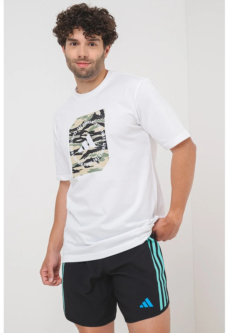 Tricou cu decolteu la baza gatului si imprimeu logo, Alb/Negru
