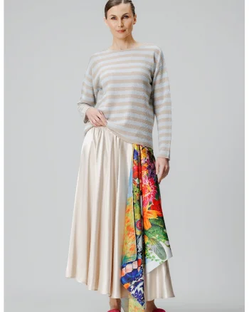 Bluza in dungi cu umeri cazuti, Alb/Bej