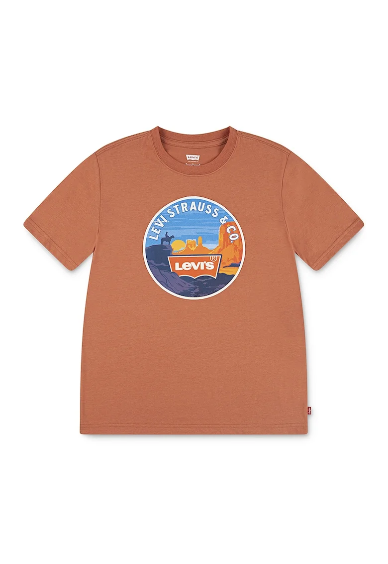 Tricou cu decolteu la baza gatului si imprimeu logo, Portocaliu persan