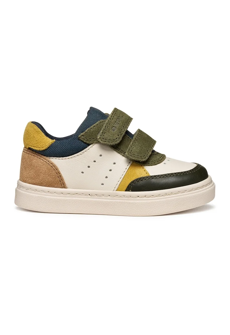 Pantofi sport cu velcro si garnituri din piele intoarsa, Alb fildes/Kaki inchis