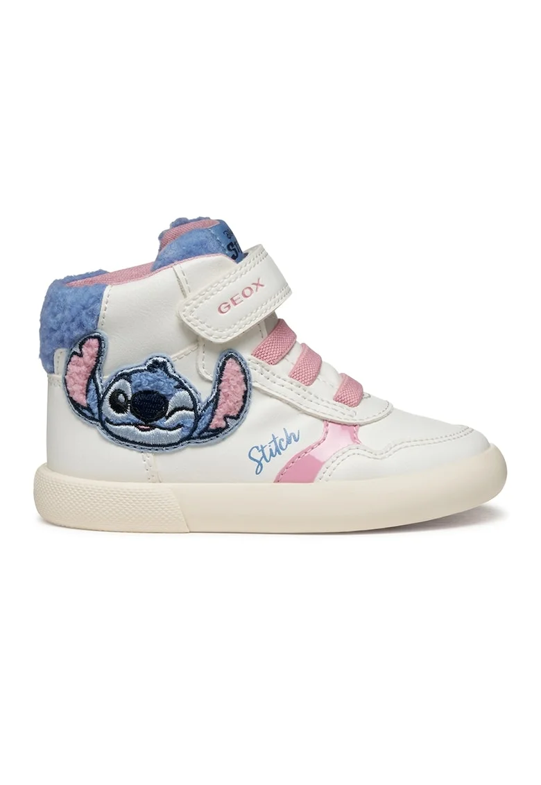 Pantofi sport cu inchidere velcro si aplicatie cu Stitch, Alb/Albastru