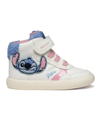 Pantofi sport cu inchidere velcro si aplicatie cu Stitch, Alb/Albastru