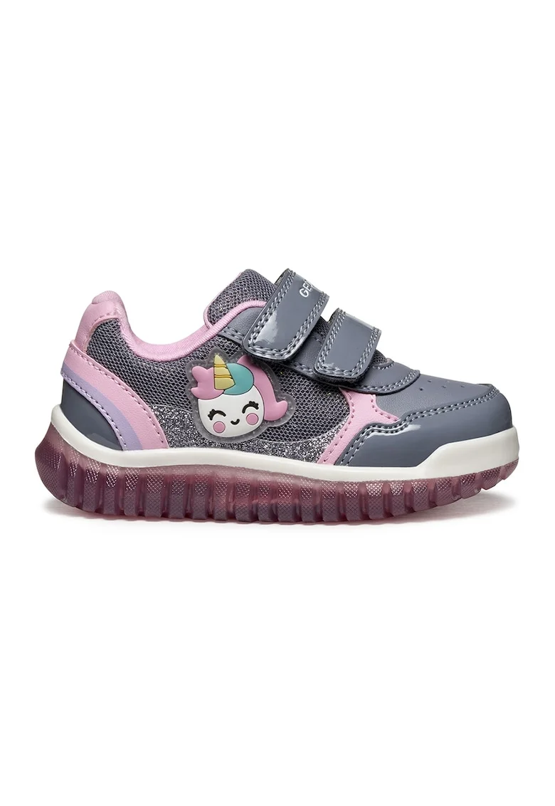 Pantofi sport din piele ecologica cu model grafic si inchidere velcro, Gri/Roz
