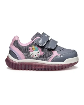 Pantofi sport din piele ecologica cu model grafic si inchidere velcro, Gri/Roz
