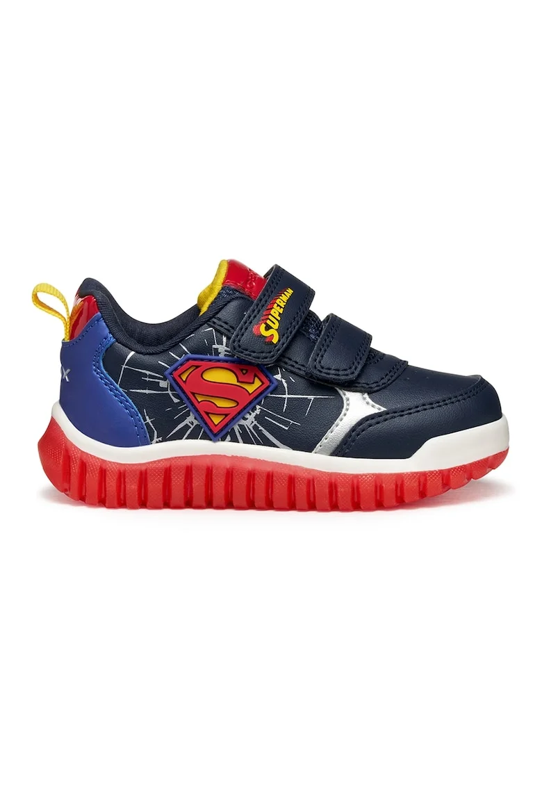 Pantofi sport din piele ecologica cu inchidere velcro, Rosu/Bleumarin
