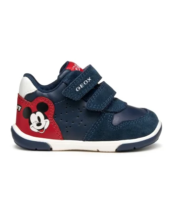 Pantofi sport cu inchidere velcro, garnituri din piele intoarsa si model cu Mickey Mouse, Rosu/Bleumarin