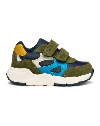 Pantofi sport cu model colorblock, inchidere velcro si garnituri din piele intoarsa, Verde masliniu/Bleumarin