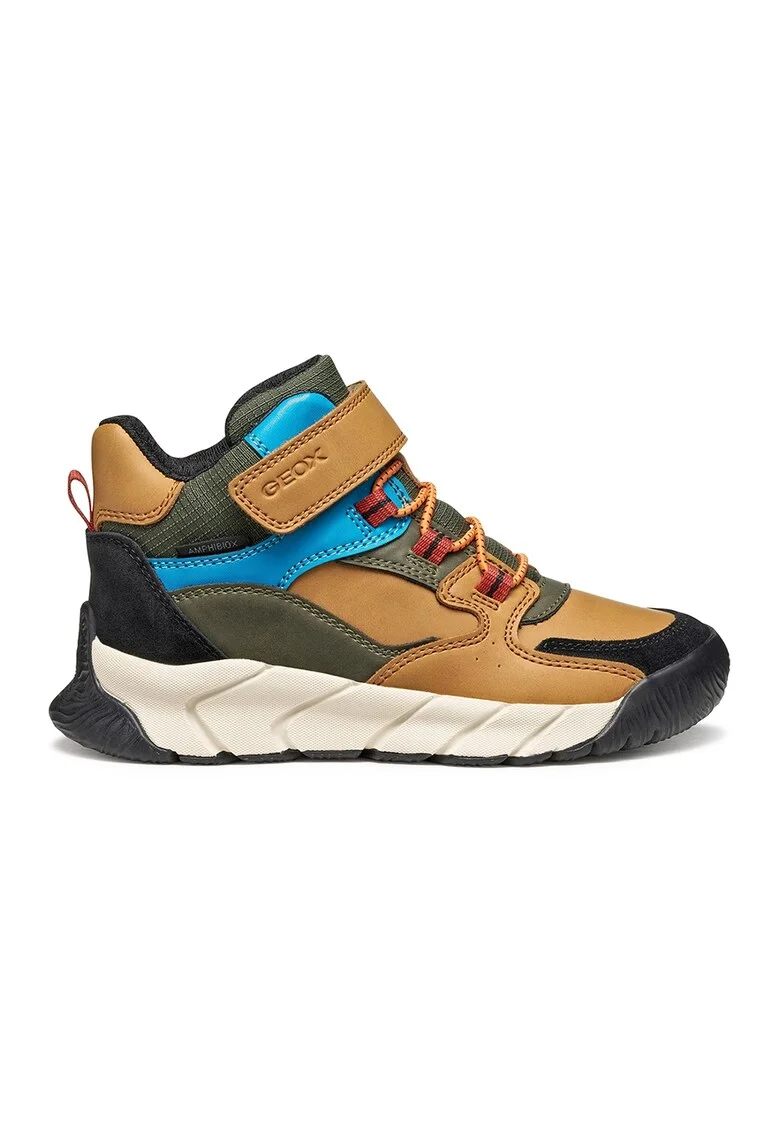 Botine cu garnituri de piele intoarsa si velcro, Caramel/Albastru deschis/Verde feriga