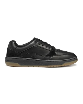 Pantofi sport de piele si piele intoarsa cu talpa plata si insertii textile, Negru