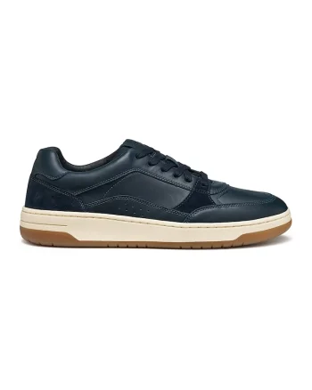 Pantofi sport de piele si piele intoarsa cu talpa plata si insertii textile, Albastru petrol